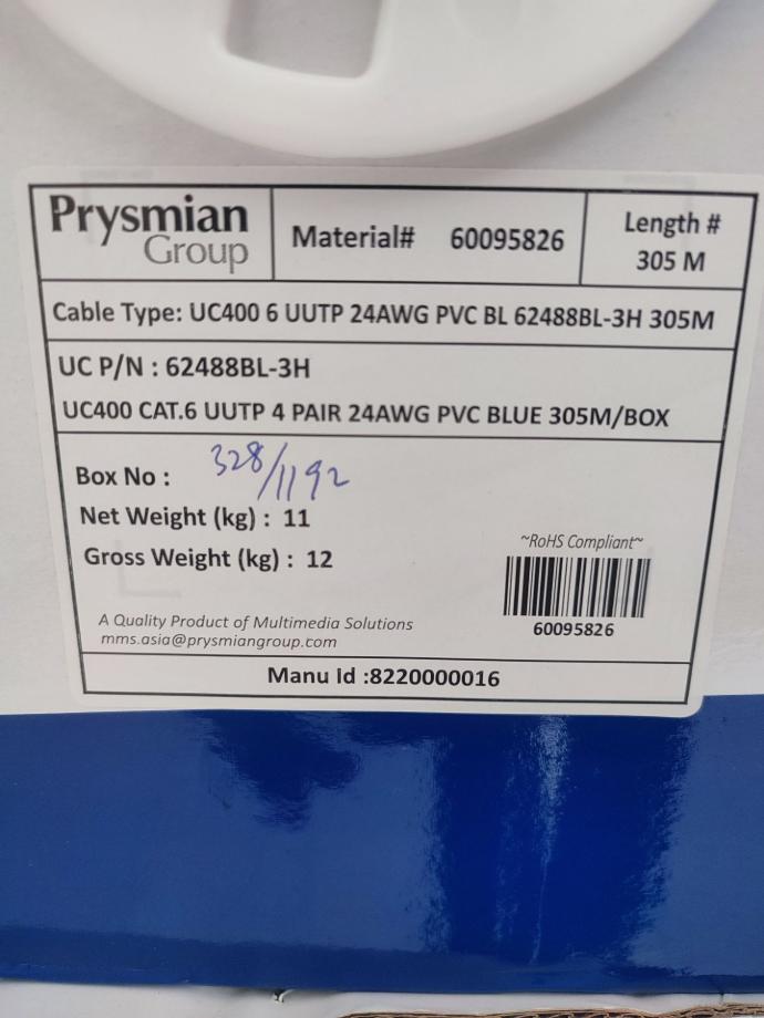 Spesifikasi Kabel UTP Cat6 Draka UC400 305m – Original Prysmian Group